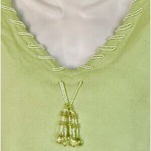 Vintage Elegance Pink Poodle Beaded Tassel Green Sweater Top Holiday Party S 4 6